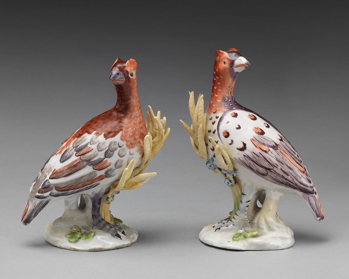 Pair of partridges, Chelsea Porcelain Manufactory (British, 1744–1784), Soft-paste porcelain, British, Chelsea 