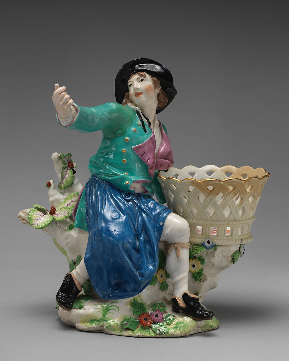 Male fruit seller (one of a pair), Chelsea Porcelain Manufactory (British, 1745–1784, Red Anchor Period, ca. 1753–58), Soft-paste porcelain, British, Chelsea 