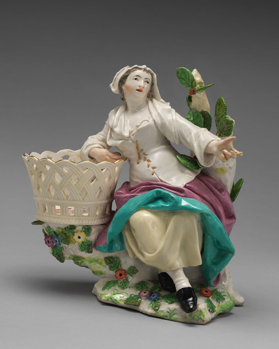 Female fruit seller (one of a pair), Chelsea Porcelain Manufactory (British, 1745–1784, Red Anchor Period, ca. 1753–58), Soft-paste porcelain, British, Chelsea 