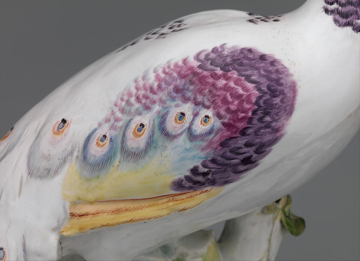 Peacock (one of a pair), Chelsea Porcelain Manufactory (British, 1745–1784, Red Anchor Period, ca. 1753–58), Soft-paste porcelain decorated in polychrome enamels, British, Chelsea