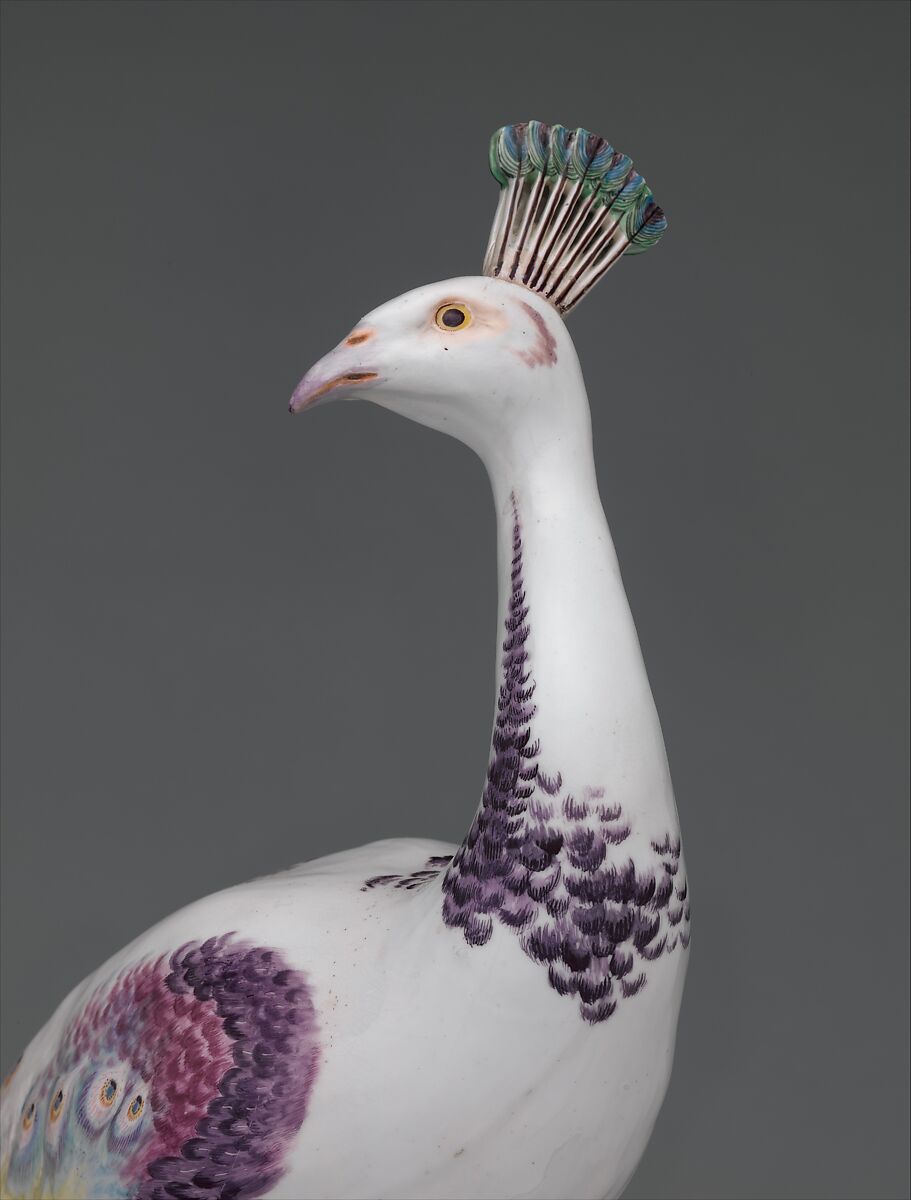 Peacock (one of a pair), Chelsea Porcelain Manufactory (British, 1745–1784, Red Anchor Period, ca. 1753–58), Soft-paste porcelain decorated in polychrome enamels, British, Chelsea