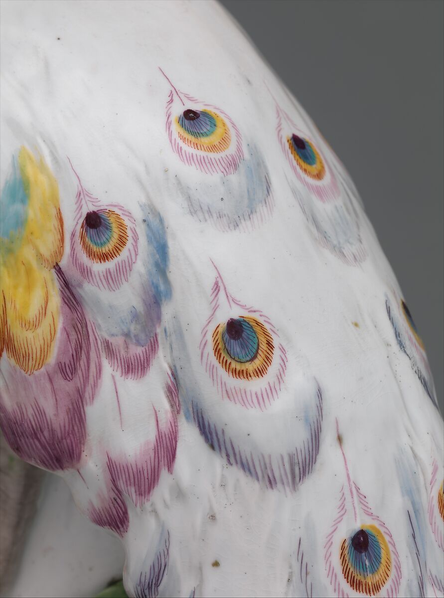 Peacock (one of a pair), Chelsea Porcelain Manufactory (British, 1745–1784, Red Anchor Period, ca. 1753–58), Soft-paste porcelain decorated in polychrome enamels, British, Chelsea