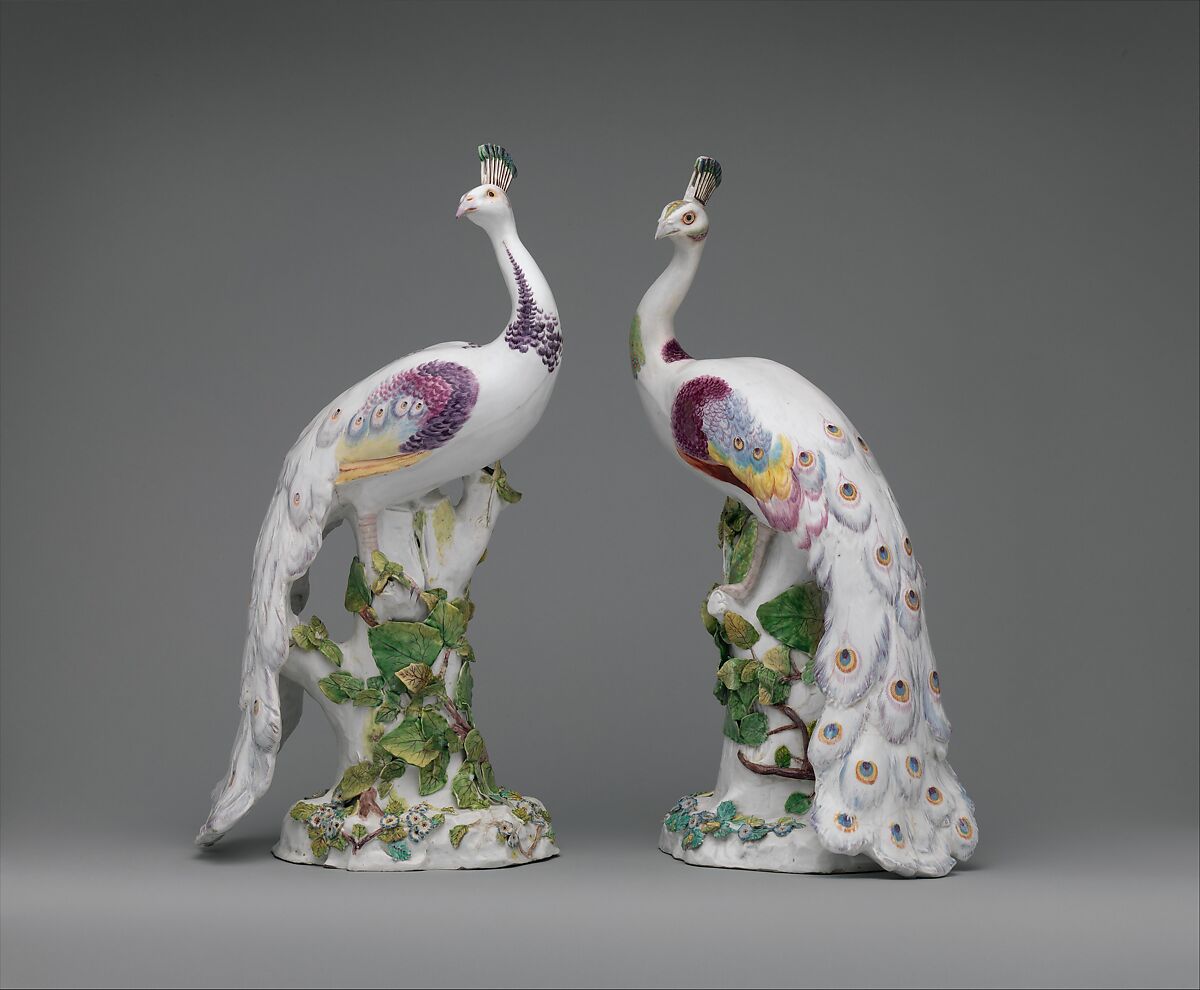 Peacock (one of a pair), Chelsea Porcelain Manufactory (British, 1745–1784, Red Anchor Period, ca. 1753–58), Soft-paste porcelain decorated in polychrome enamels, British, Chelsea 