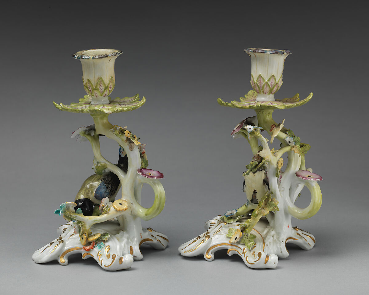Pair of candlesticks, Chelsea Porcelain Manufactory (British, 1745–1784, Red Anchor Period, ca. 1753–58), Soft-paste porcelain, British, Chelsea