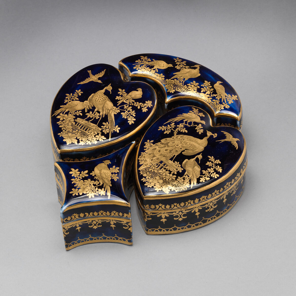 Toilet box containing four smaller boxes, Chelsea Porcelain Manufactory (British, 1744–1784), Soft-paste porcelain, Mazarin blue ground with gold decoration, British, Chelsea