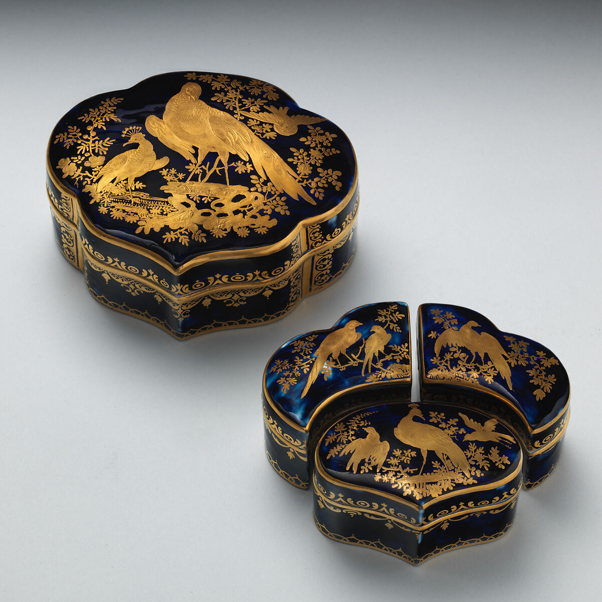 Toilet set containing three smaller boxes, Chelsea Porcelain Manufactory (British, 1744–1784), Soft-paste porcelain, Mazarin blue ground with gold decoration, British, Chelsea