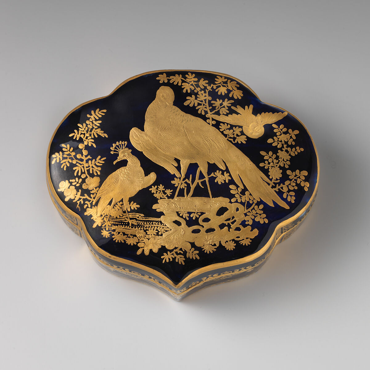 Toilet set containing three smaller boxes, Chelsea Porcelain Manufactory (British, 1744–1784), Soft-paste porcelain, Mazarin blue ground with gold decoration, British, Chelsea 