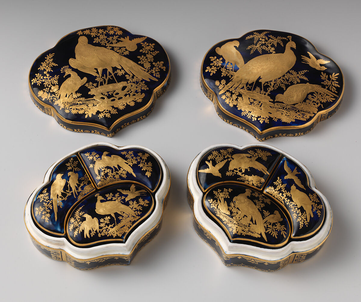 Toilet set containing three smaller boxes, Chelsea Porcelain Manufactory (British, 1744–1784), Soft-paste porcelain, Mazarin blue ground with gold decoration, British, Chelsea