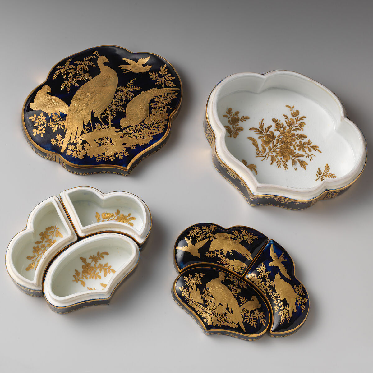 Toilet box containing three smaller boxes, Chelsea Porcelain Manufactory (British, 1744–1784), Soft-paste porcelain, Mazarin blue ground with gold decoration, British, Chelsea