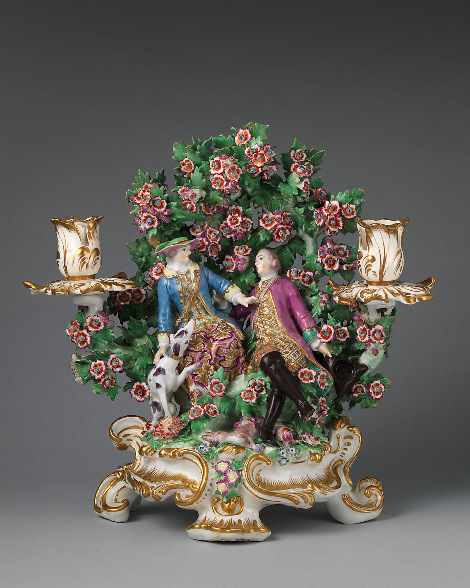 Candelabrum (one of a pair), Chelsea Porcelain Manufactory (British, 1745–1784, Gold Anchor Period, 1759–69), Soft-paste porcelain, British, Chelsea 