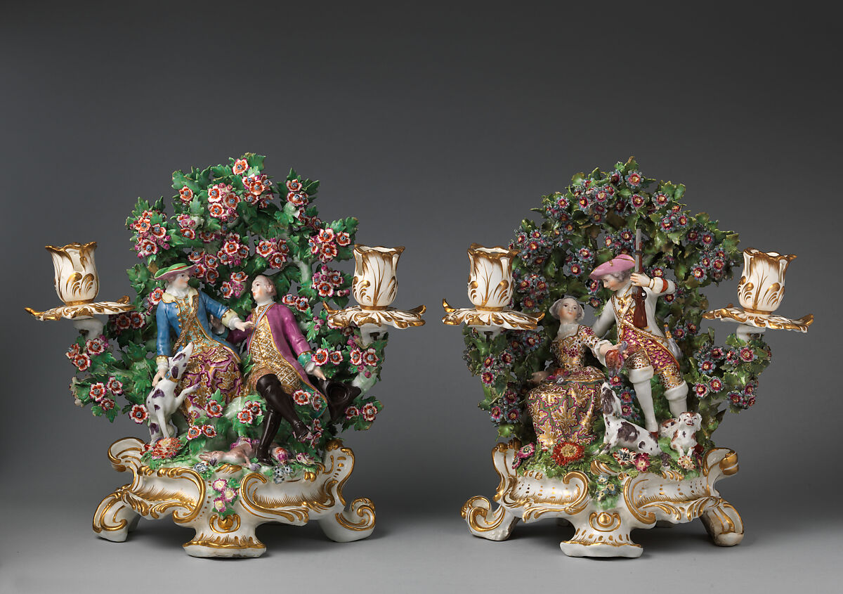 Candelabrum (one of a pair), Chelsea Porcelain Manufactory (British, 1745–1784, Gold Anchor Period, 1759–69), Soft-paste porcelain, British, Chelsea