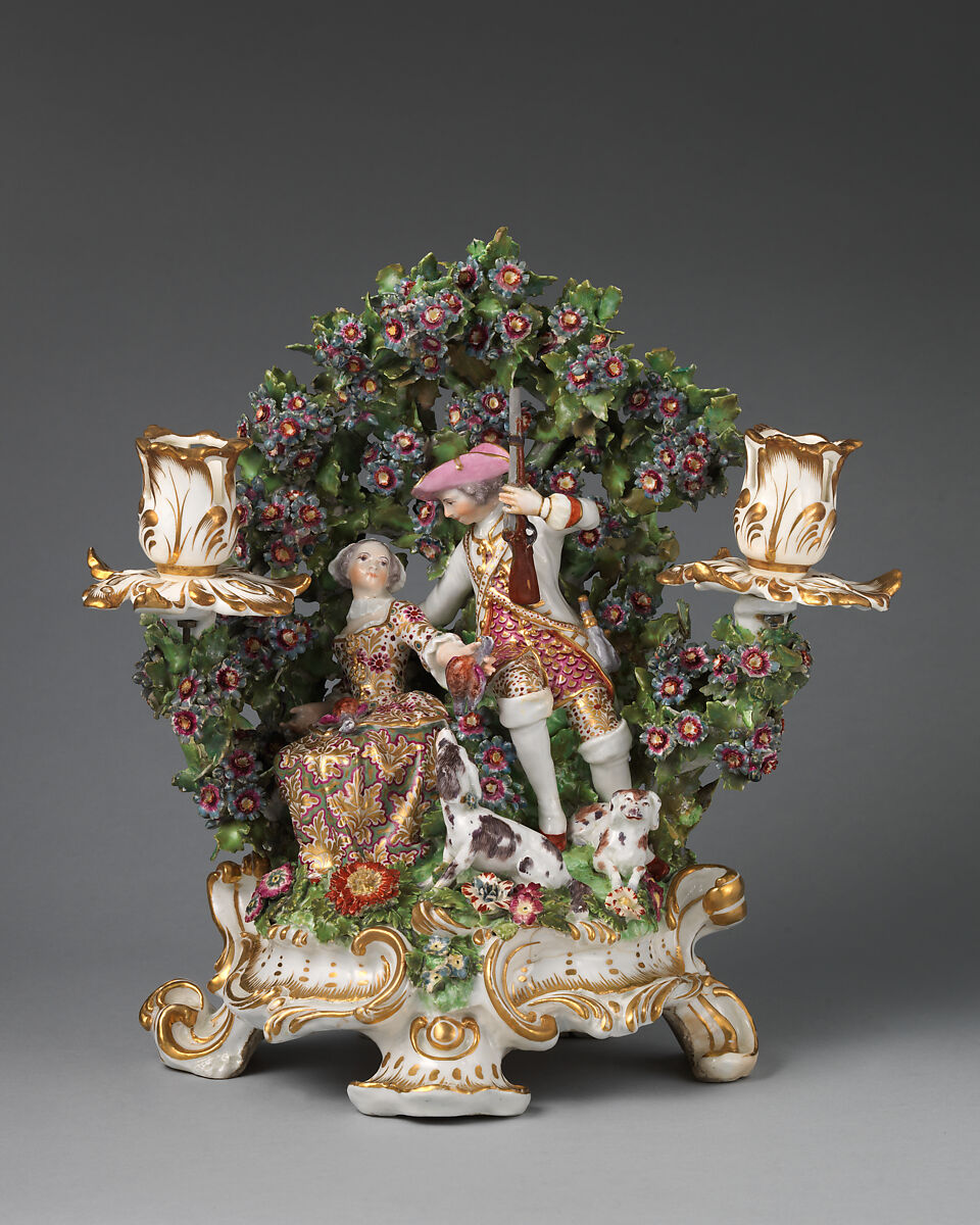 Candelabrum (one of a pair), Chelsea Porcelain Manufactory (British, 1745–1784, Gold Anchor Period, 1759–69), Soft-paste porcelain, British, Chelsea 