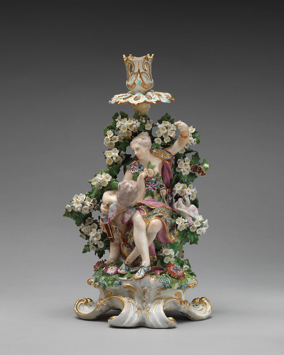 Venus and Cupid candlestick (one of a pair), Chelsea Porcelain Manufactory (British, 1745–1784, Gold Anchor Period, 1759–69), Soft-paste porcelain, British, Chelsea 