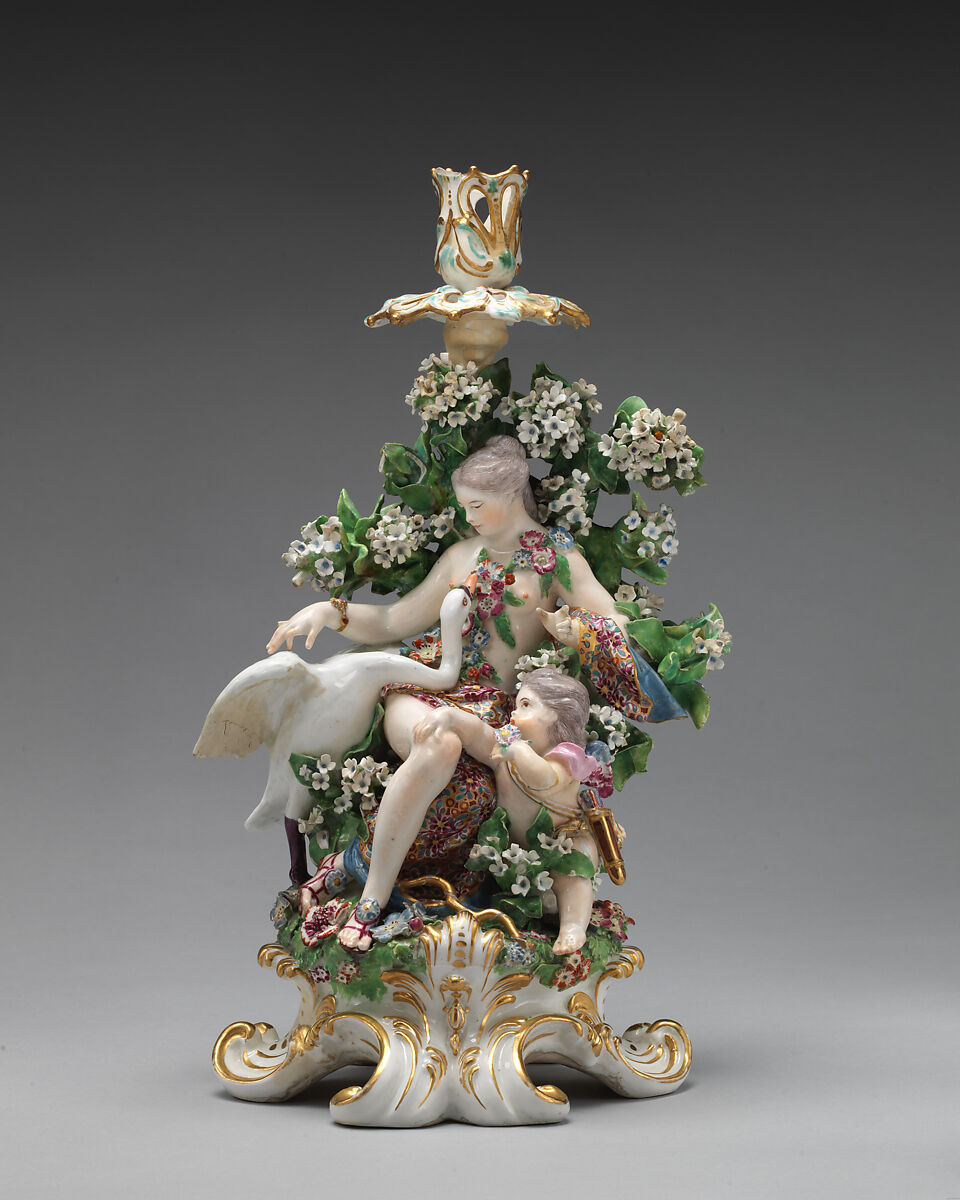Venus, Cupid and the Swan candlestick (one of a pair), Chelsea Porcelain Manufactory (British, 1745–1784, Gold Anchor Period, 1759–69), Soft-paste porcelain, British, Chelsea 