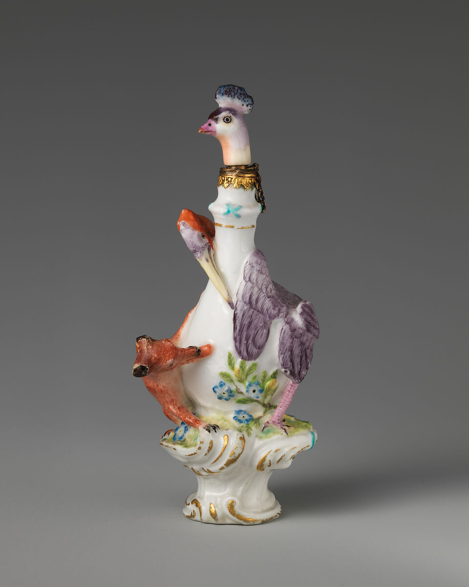 Fox and stork in a group, Chelsea Porcelain Manufactory (British, 1745–1784, Red Anchor Period, ca. 1753–58), Soft-paste porcelain, British, Chelsea 