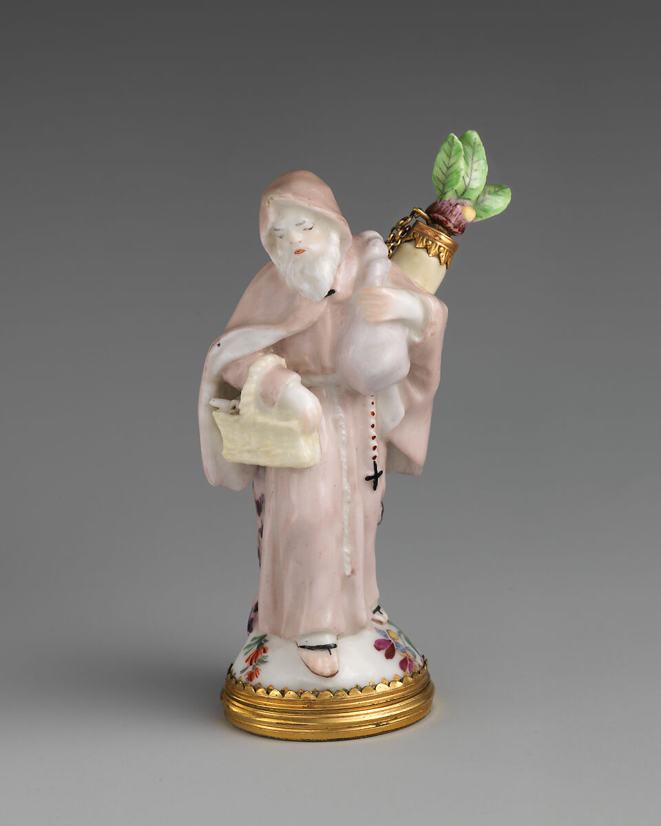 Friar with basket and sack, Chelsea Porcelain Manufactory (British, 1745–1784, Red Anchor Period, ca. 1753–58), Soft-paste porcelain, British, Chelsea 
