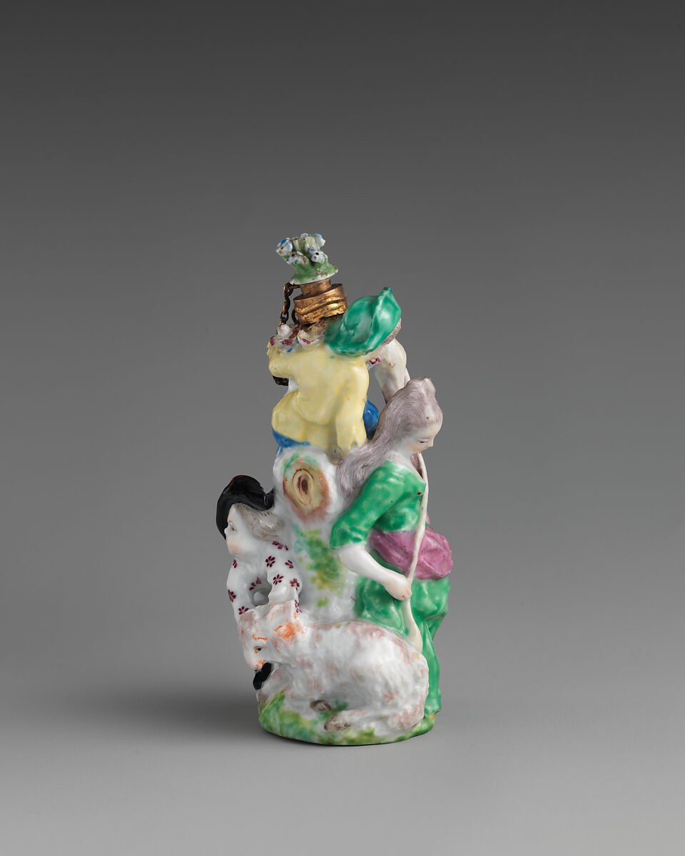 Lady with distaff and two boys, Chelsea Porcelain Manufactory (British, 1745–1784, Gold Anchor Period, 1759–69), Soft-paste porcelain, British, Chelsea
