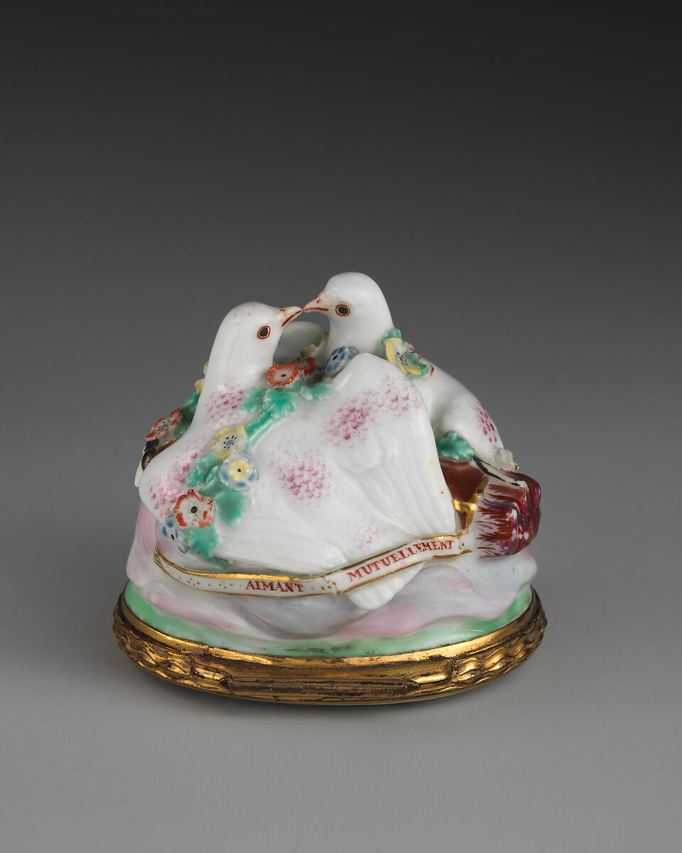 Billing doves, Chelsea Porcelain Manufactory (British, 1745–1784, Red Anchor Period, ca. 1753–58), Soft-paste porcelain, British, Chelsea