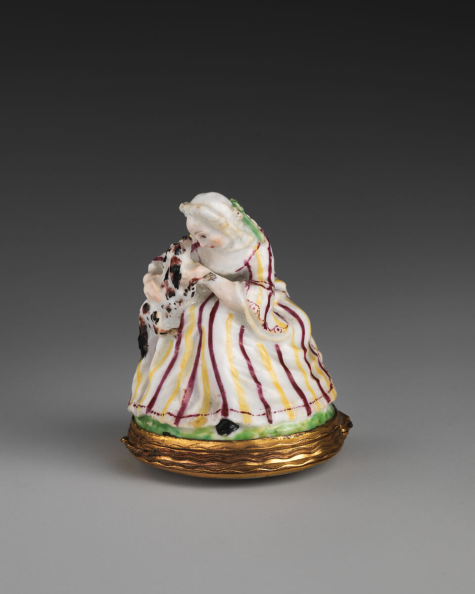 Lady with dog, Chelsea Porcelain Manufactory (British, 1745–1784, Red Anchor Period, ca. 1753–58), Soft-paste porcelain, British, Chelsea 