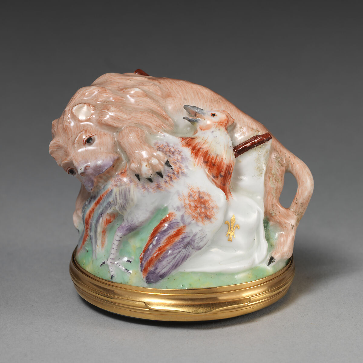 Lion and cock, Chelsea Porcelain Manufactory (British, 1745–1784, Gold Anchor Period, 1759–69), Soft-paste porcelain, agate, gold, British, Chelsea 