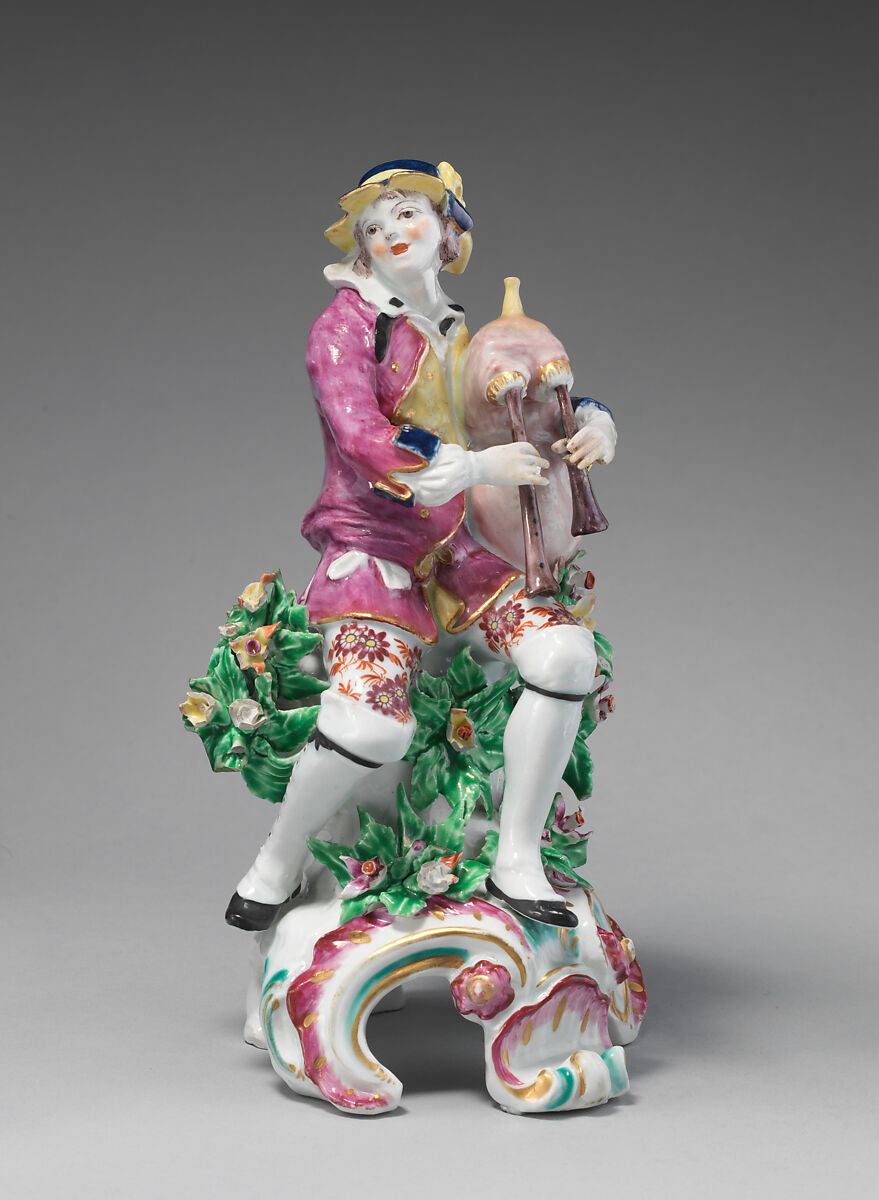 Seated musician (one of a pair), Bow Porcelain Factory (British, 1747–1776), Soft-paste porcelain, British, Bow, London 