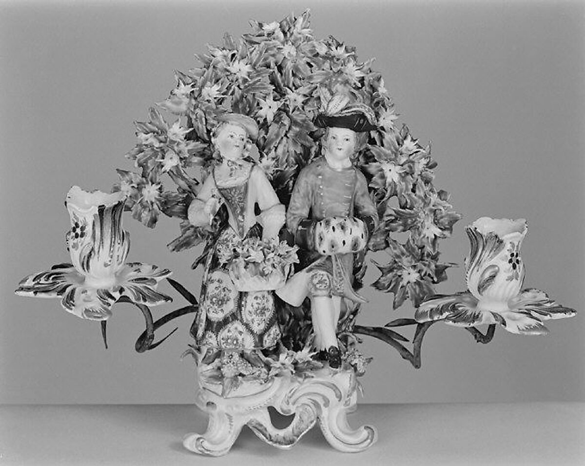 Candelabrum with figures of Spring and Winter (one of a pair), Bow Porcelain Factory (British, 1747–1776), Soft-paste porcelain, British, Bow, London 