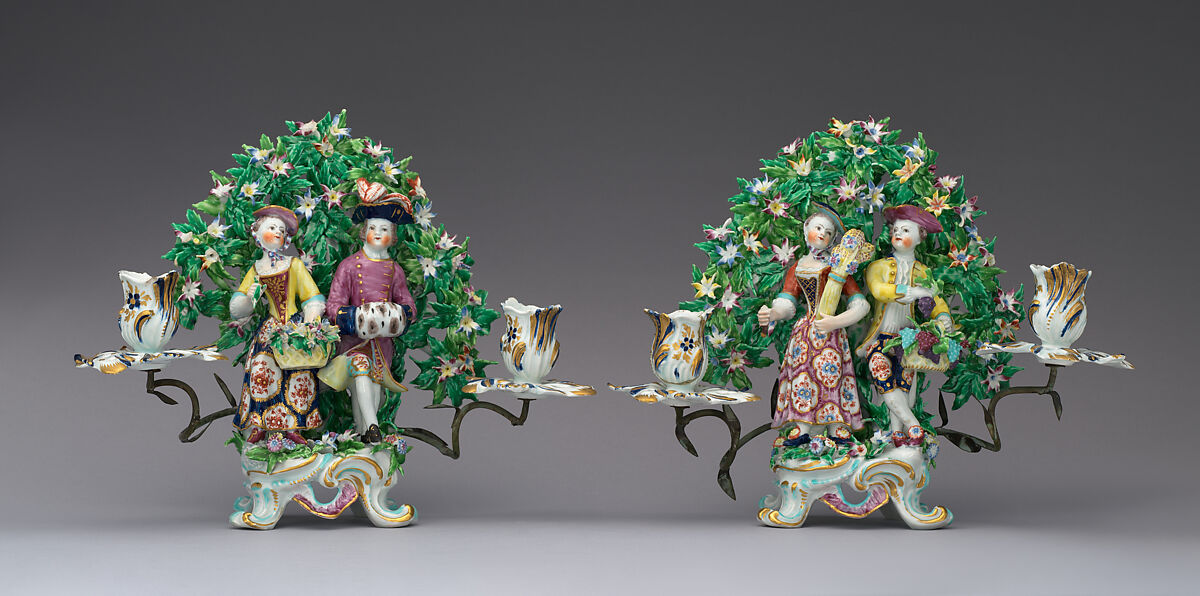 Candelabrum with figures of Summer and Autumn (one of a pair), Bow Porcelain Factory (British, 1747–1776), Soft-paste porcelain, British, Bow, London