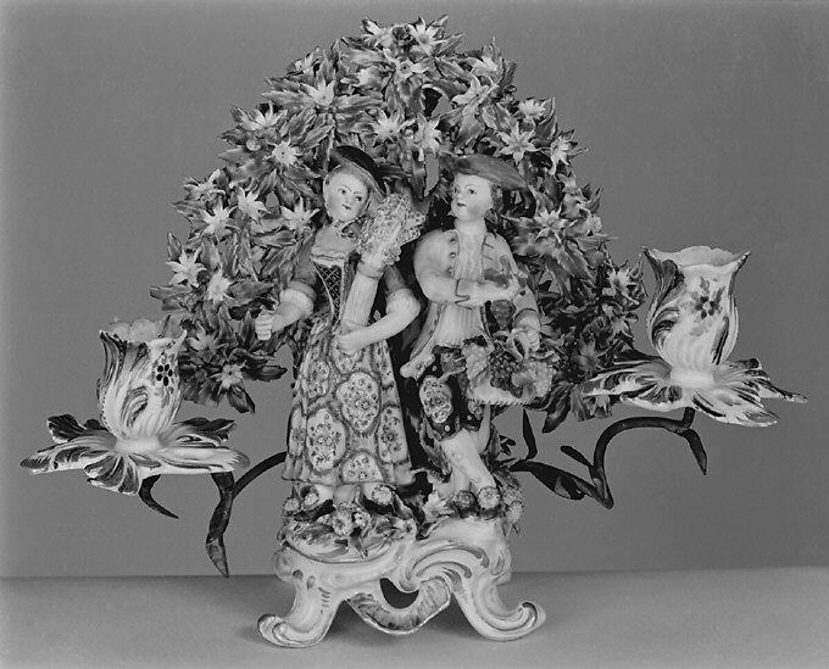 Candelabrum with figures of Summer and Autumn (one of a pair), Bow Porcelain Factory (British, 1747–1776), Soft-paste porcelain, British, Bow, London 