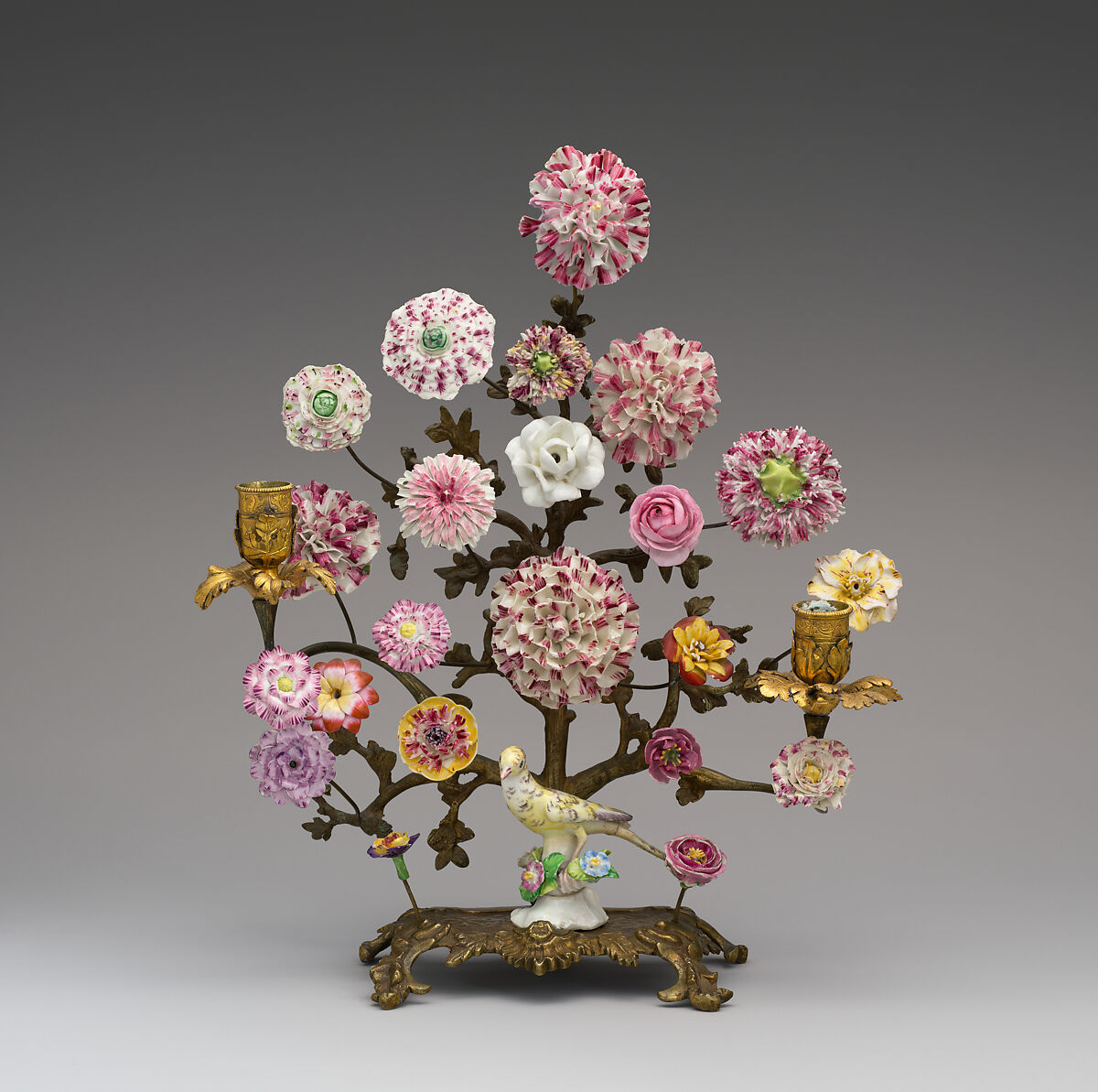 Pair of candelabra with porcelain flowers, Bow Porcelain Factory (British, 1747–1776), Soft-paste porcelain, British, Bow, London