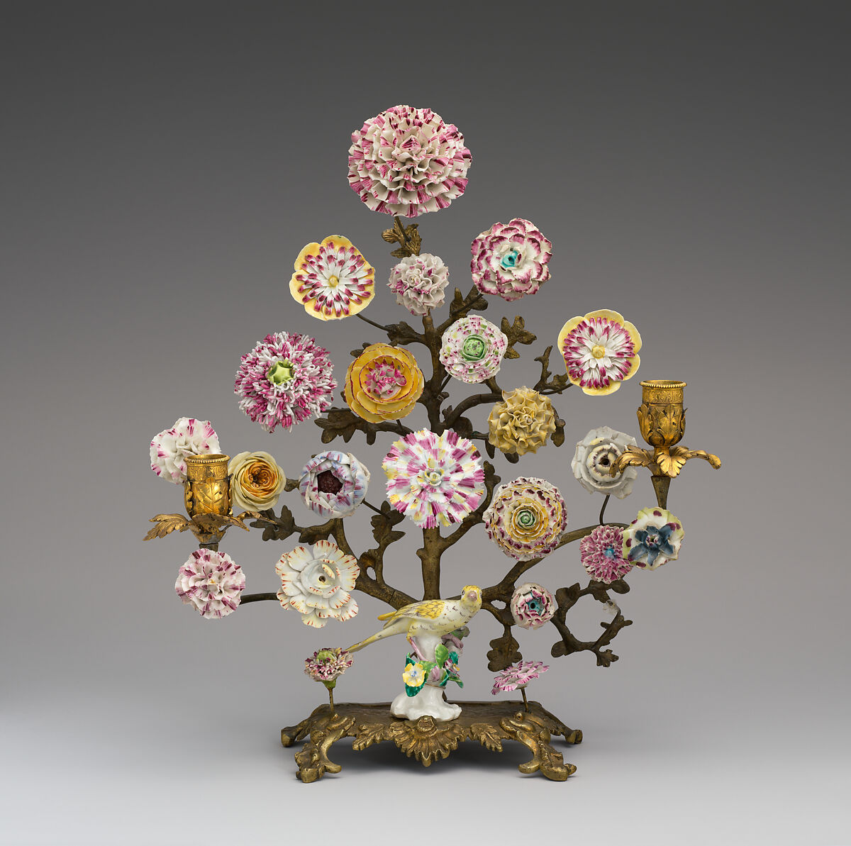 Pair of candelabra with porcelain flowers, Bow Porcelain Factory (British, 1747–1776), Soft-paste porcelain, British, Bow, London