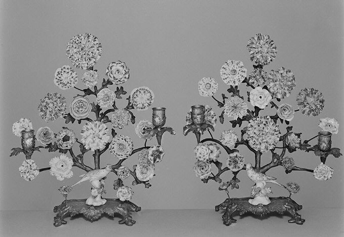 Pair of candelabra with porcelain flowers, Bow Porcelain Factory (British, 1747–1776), Soft-paste porcelain, British, Bow, London 
