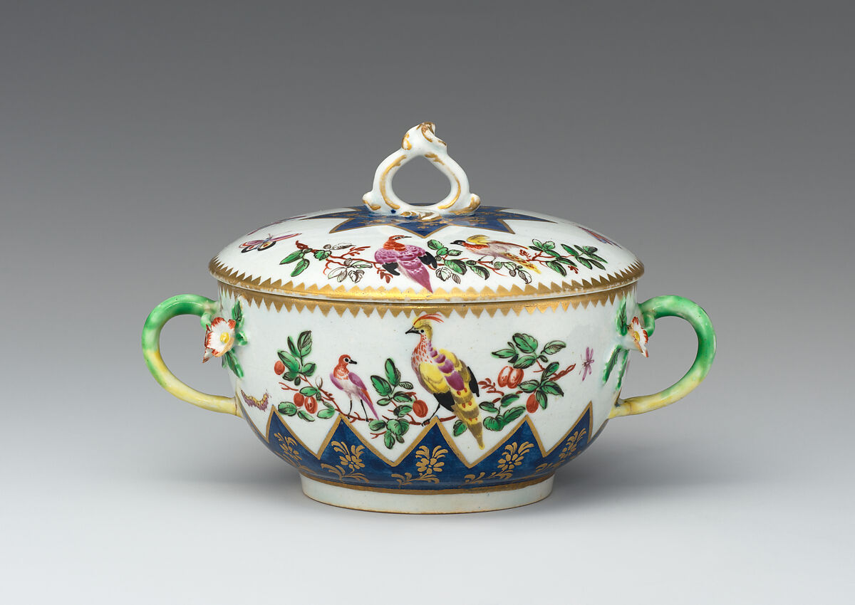 Écuelle with cover and underplate, Bow Porcelain Factory (British, 1747–1776), Soft-paste porcelain, British, Bow, London