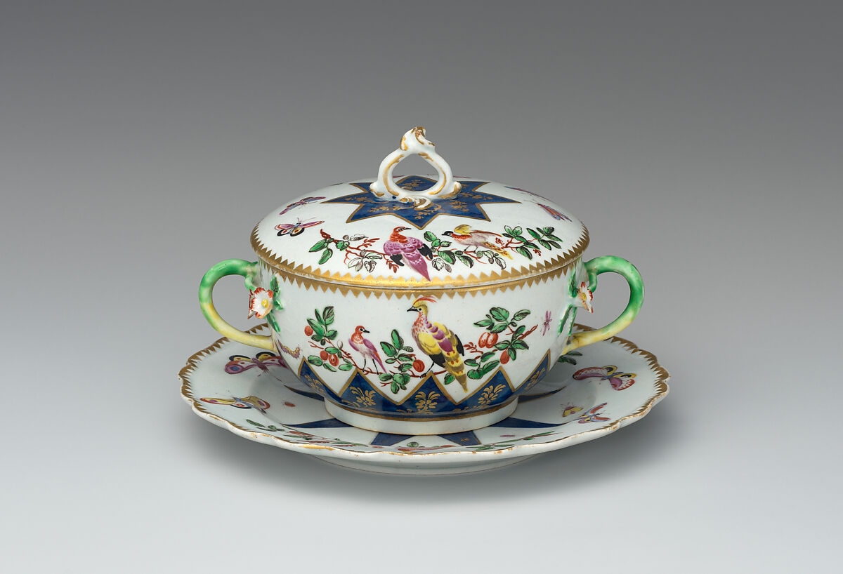 Écuelle with cover and underplate, Bow Porcelain Factory (British, 1747–1776), Soft-paste porcelain, British, Bow, London