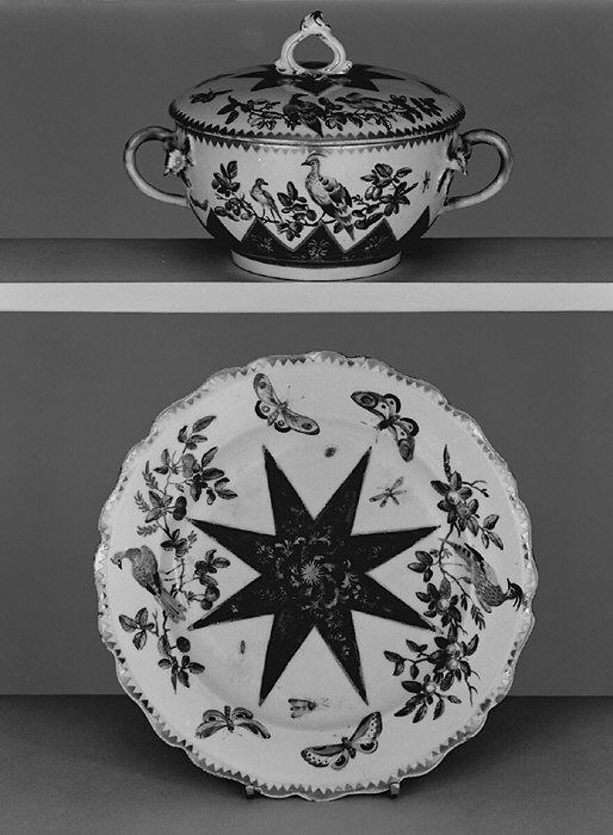 Écuelle with cover and underplate, Bow Porcelain Factory (British, 1747–1776), Soft-paste porcelain, British, Bow, London 