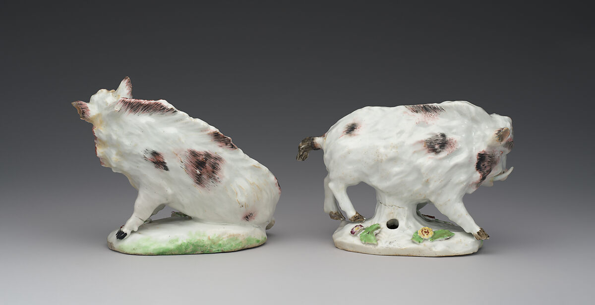 Pair of wild boars, Derby Porcelain Manufactory (British, 1751–1785), Soft-paste porcelain, British, Derby