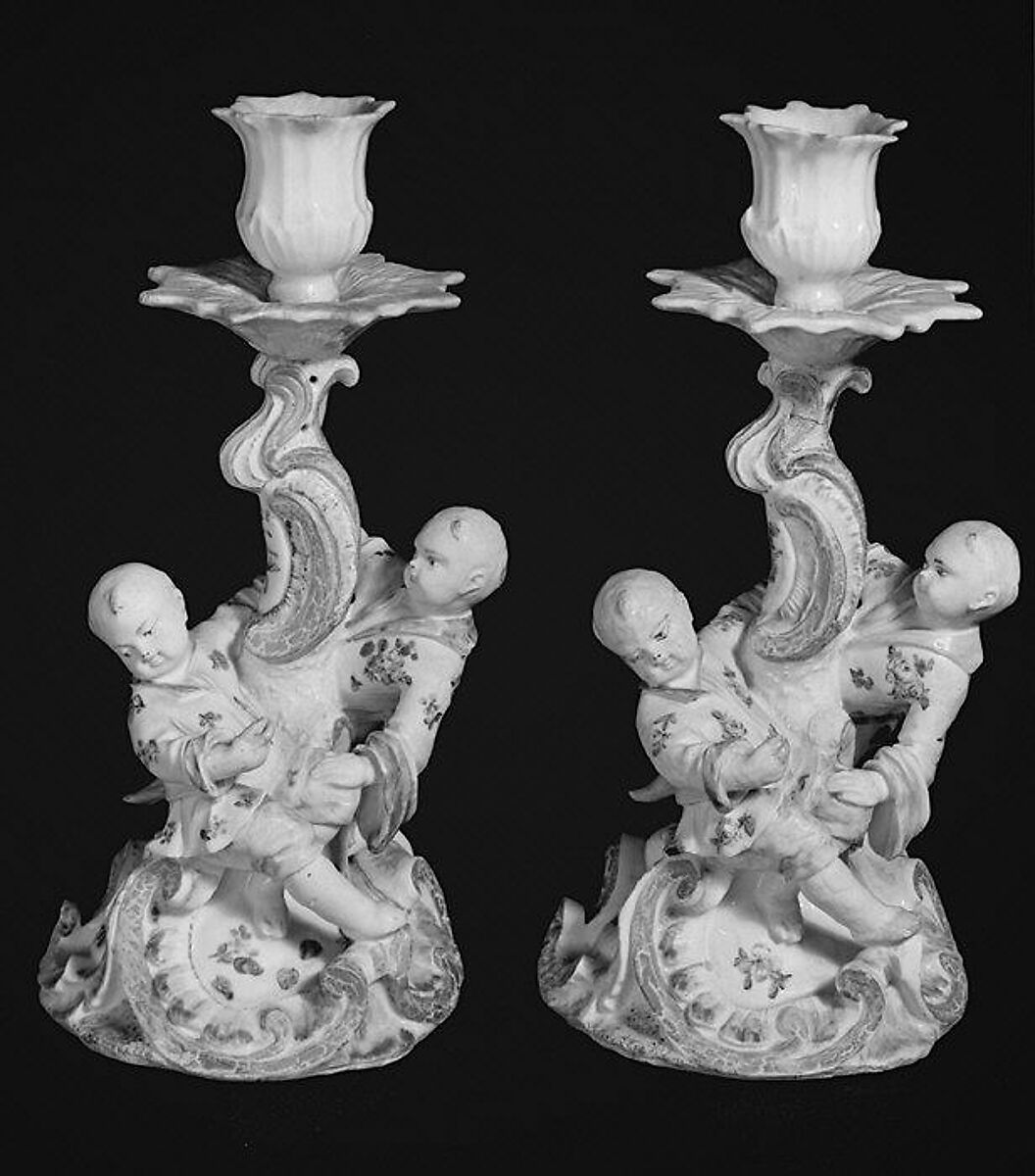 Pair of candlesticks, Derby Porcelain Manufactory (British, 1751–1785), Soft-paste porcelain, British, Derby 
