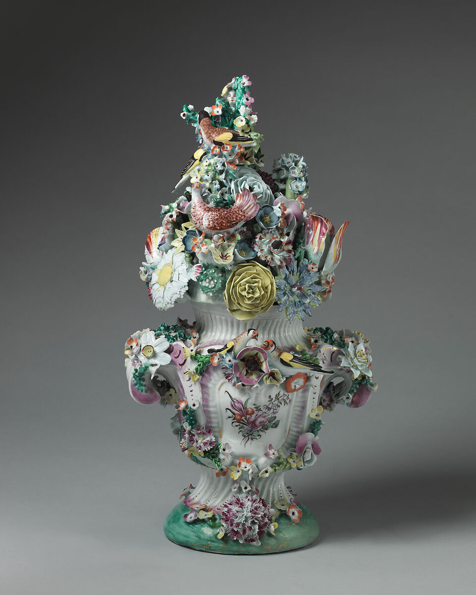 Vase with cover, Longton Hall (British, Staffordshire, ca. 1749–1760), Soft-paste porcelain decorated in polychrome enamels, gold, British, Longton Hall, Staffordshire