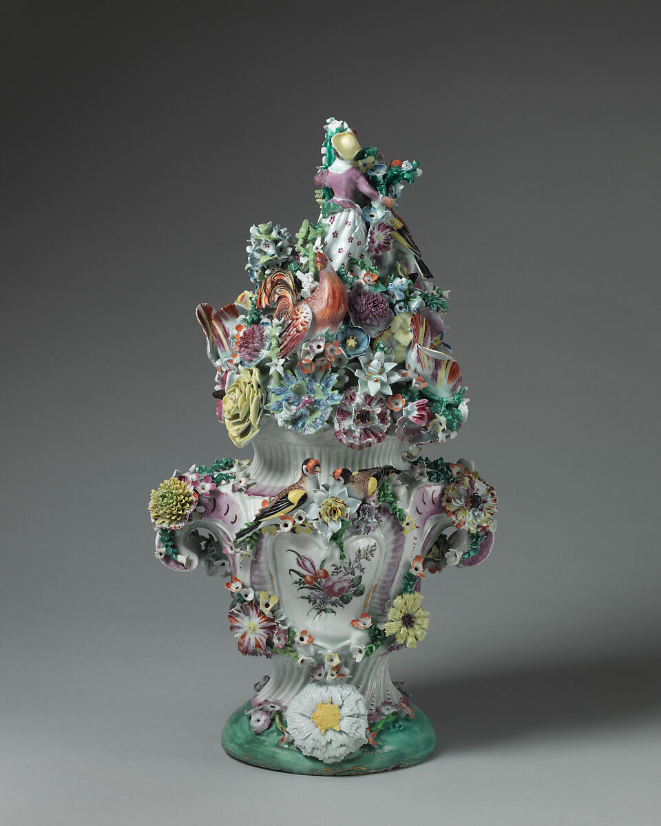 Vase with cover, Longton Hall (British, Staffordshire, ca. 1749–1760), Soft-paste porcelain decorated in polychrome enamels, gold, British, Longton Hall, Staffordshire