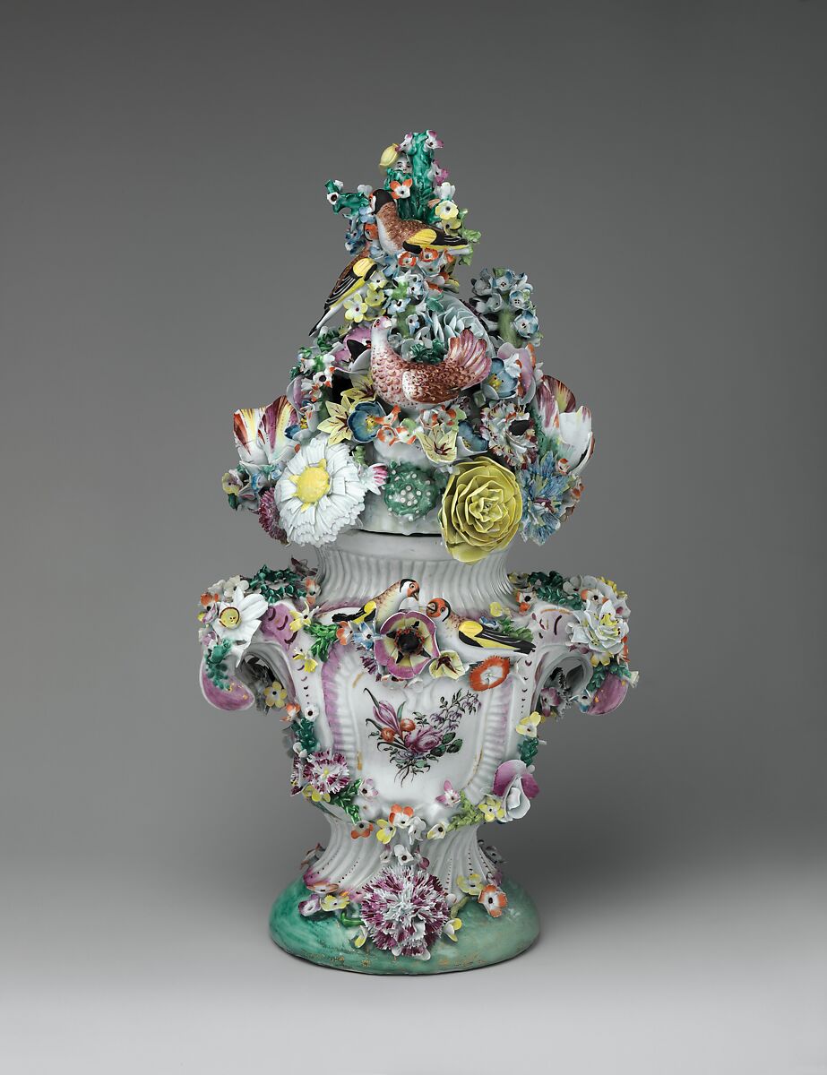 Vase with cover, Longton Hall (British, Staffordshire, ca. 1749–1760), Soft-paste porcelain decorated in polychrome enamels, gold, British, Longton Hall, Staffordshire 