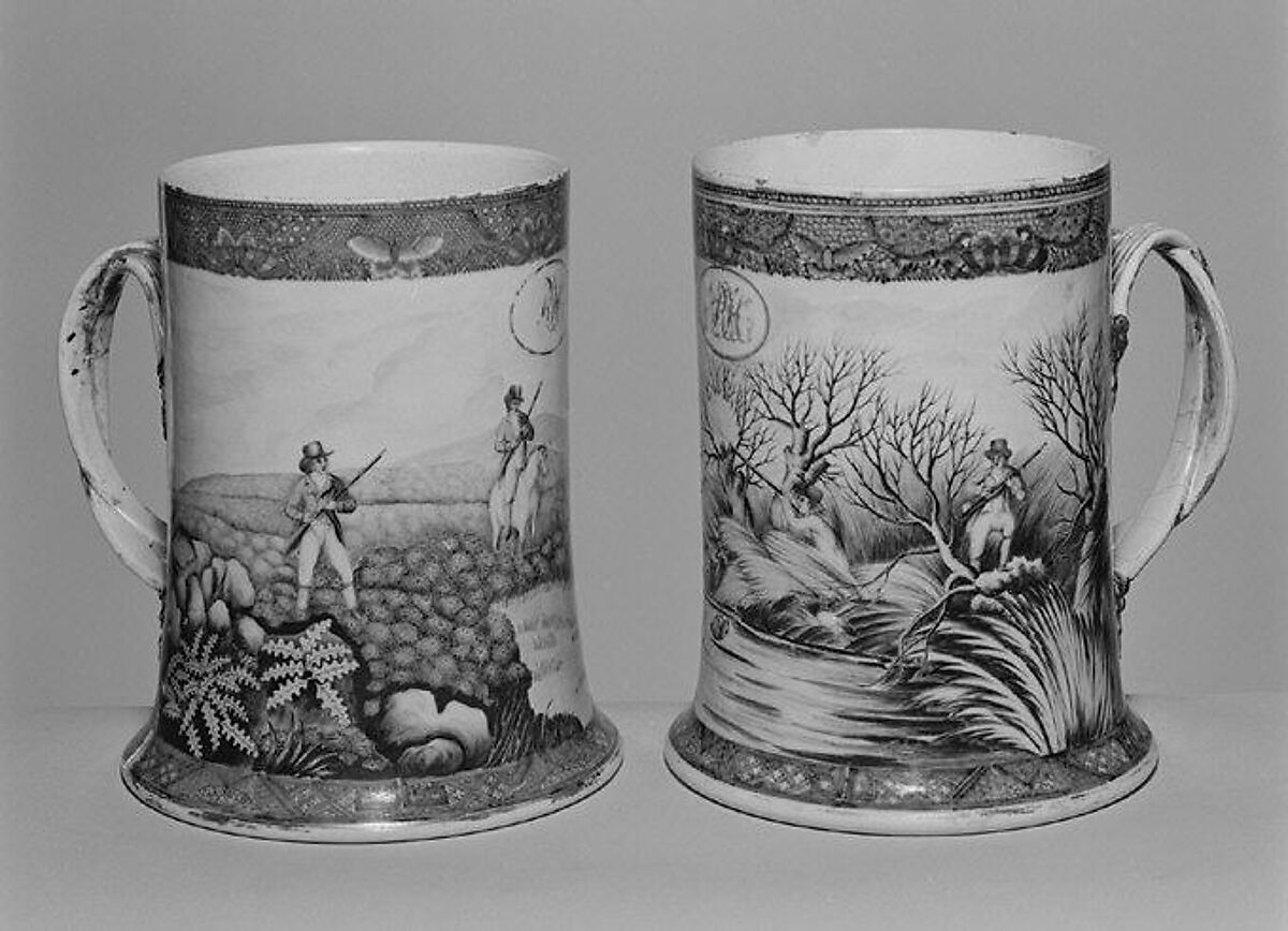 Pair of mugs, After a composition by Samuel Howitt (British, Nottinghamshire 1756–1823 London), Hard-paste porcelain, Chinese, for British market 