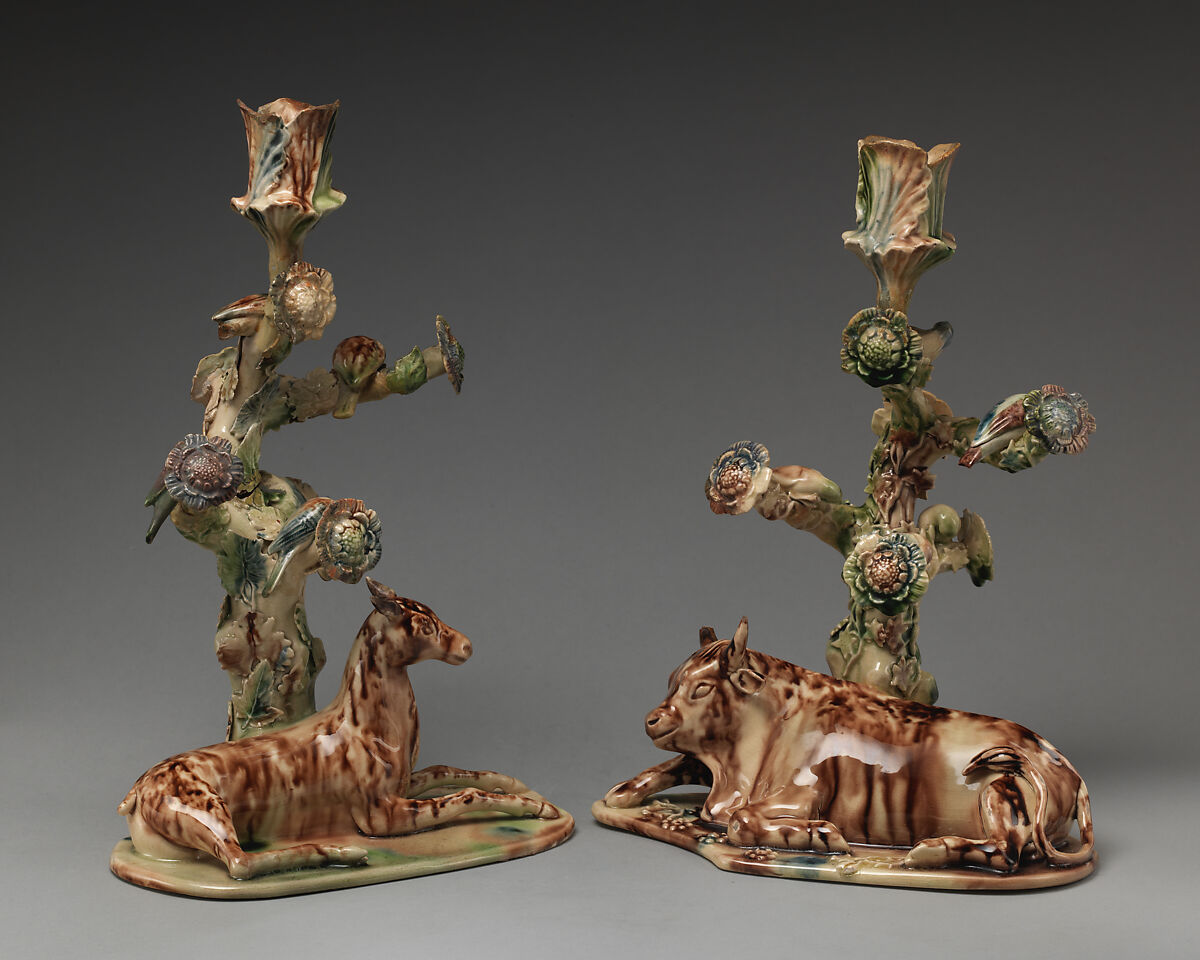 Pair of candlesticks, Lead-glazed earthenware, British, Staffordshire 