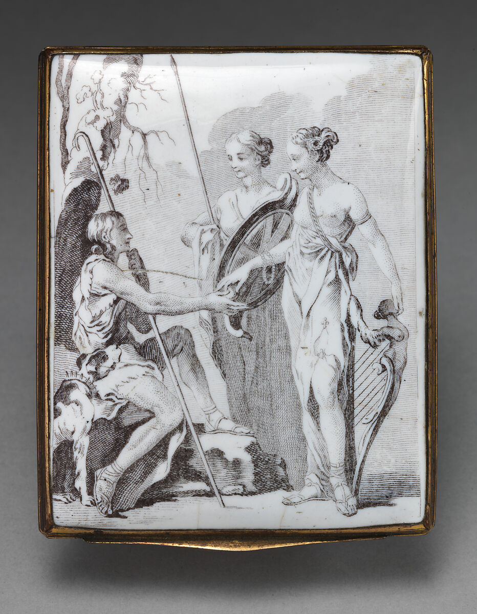 Judgment of Paris, exterior of lid engraved by Simon Francis Ravenet, the elder (French, Paris 1706–1774 London), Enameled copper, British, Battersea