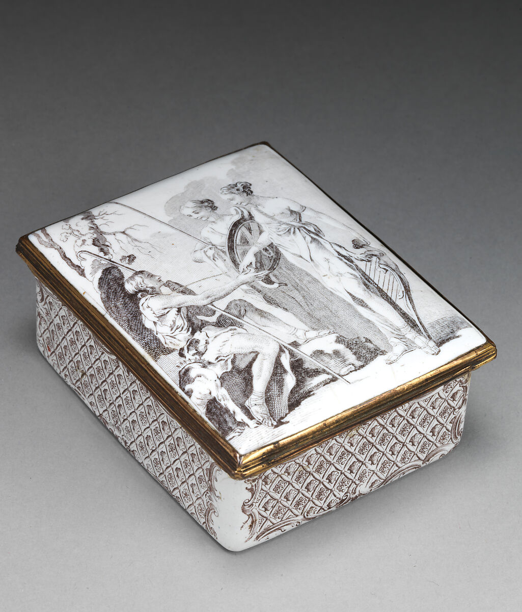 Snuffbox, Enameled copper, British, London (Battersea) 