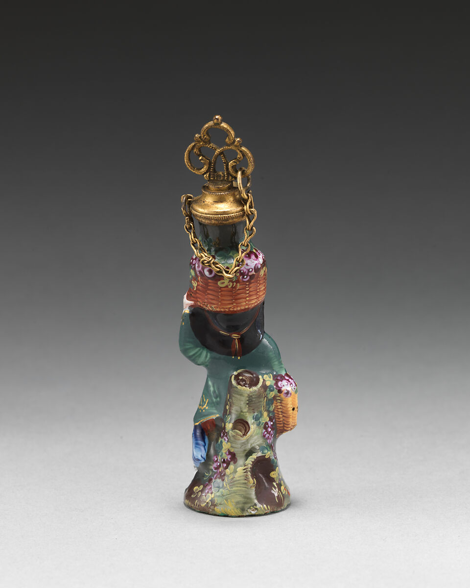Gardener with grapes scent bottle, Enamel on copper, British, possibly London