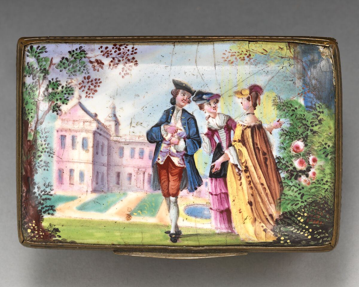 Snuffbox with gallant and two ladies on lid, stag hunt on sides, Enameled copper, British, possibly South Staffordshire, possibly Birmingham