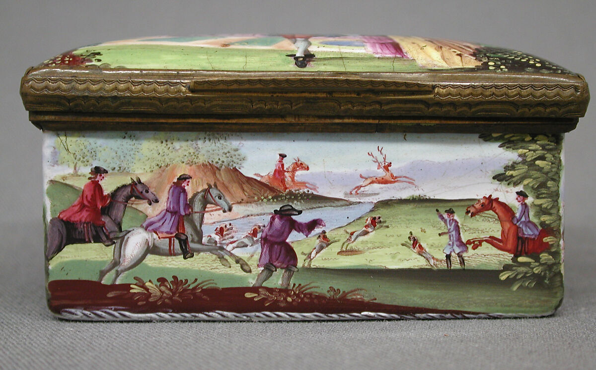 Snuffbox with gallant and two ladies on lid, stag hunt on sides, Enameled copper, British, possibly South Staffordshire, possibly Birmingham