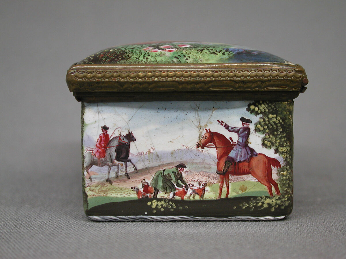 Snuffbox with gallant and two ladies on lid, stag hunt on sides, Enameled copper, British, possibly South Staffordshire, possibly Birmingham