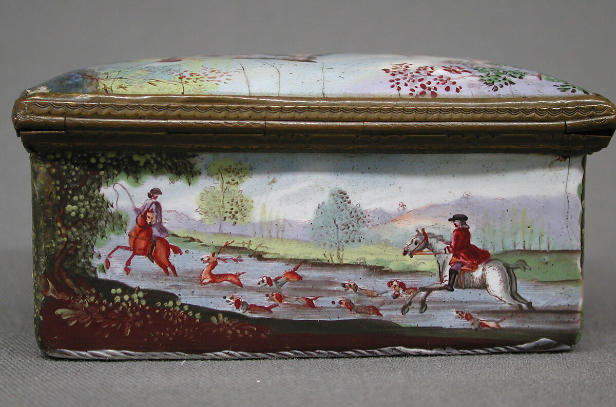 Snuffbox with gallant and two ladies on lid, stag hunt on sides, Enameled copper, British, possibly South Staffordshire, possibly Birmingham
