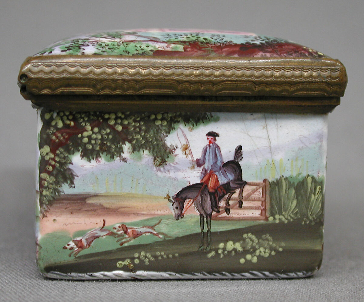 Snuffbox with gallant and two ladies on lid, stag hunt on sides, Enameled copper, British, possibly South Staffordshire, possibly Birmingham