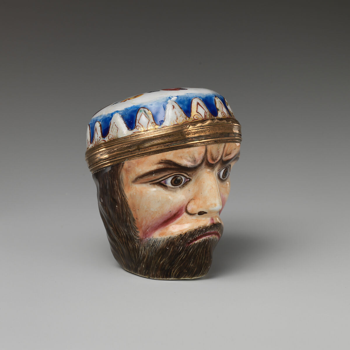 Neptune's head bonbonnière, Enameled copper, British, possibly Birmingham